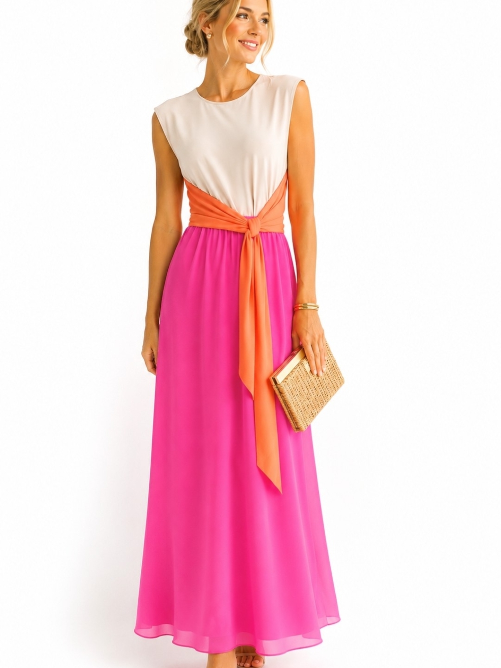 Vilagallo Colorblock Maxi Dress 42 Pink Coral Cream European Summer Dopamine 10